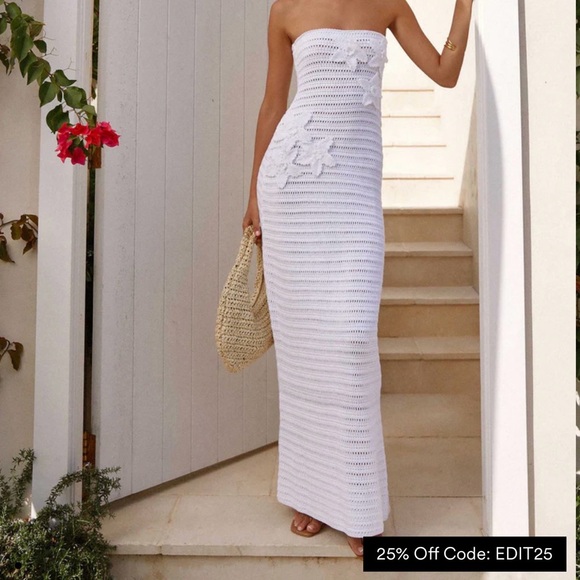 White Strapless Crochet Maxi Dress - Picture 1 of 3